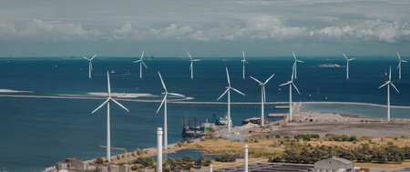 A serene landscape featuring multiple wind turbines situated along a coastal area, harnessing wind...