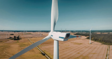 An aerial view of wind turbines standing in a vast rural landscape with fields and a clear blue sky.