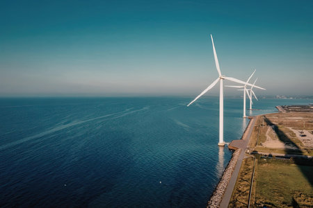 An aerial view of wind turbines standing along a coastline, with calm waters and a clear blue sky in...