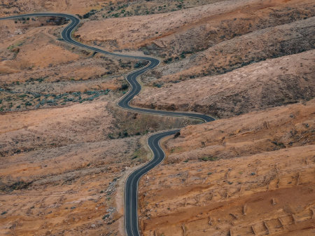 An aerial view of a serpentine road cutting through a vast, arid landscape with rolling hills and...