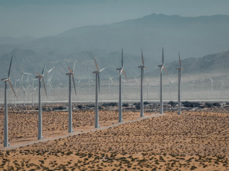 A row of wind turbines standing in a desert landscape with mountains in the background.