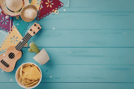A vibrant and festive scene featuring a ukulele, bowl of chips, and other items on a blue wooden...