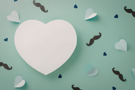 A large white heart surrounded by smaller hearts and mustaches on a green background
