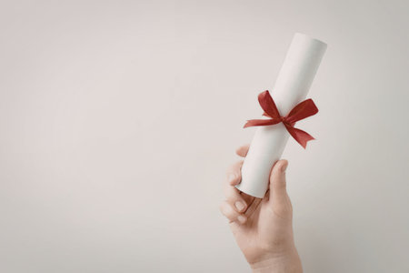 An image of a hand holding a rolled up diploma with a red ribbon tied around it.