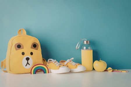 A yellow backpack with a dog face design, accompanied by a pair of sneakers, a rainbow toy, a bottle...