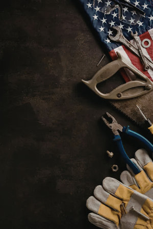 A collection of american tools on a dark background with american flag