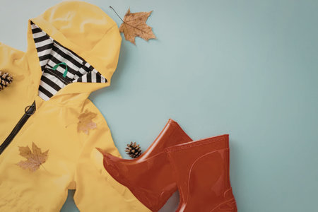 A vibrant yellow raincoat with hood and red rain boots on a light blue background, decorated with autumn leaves and pinecones.の写真素材