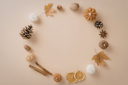 A wreath made of autumnal elements such as pinecones, leaves, and dried fruits on a beige...
