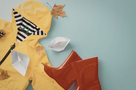 A vibrant display of autumn fashion accessories, including a yellow raincoat, red high-heeled boots,...