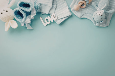 A collection of baby items on a light blue background