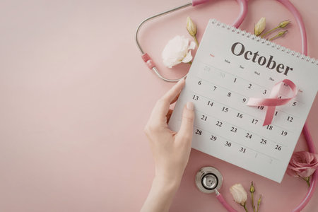 A hand holding a calendar marking October, surrounded by pink ribbon, stethoscope, and flowers on a...
