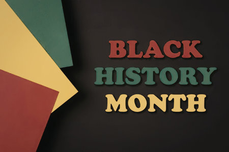 A graphic design celebrating Black History Month with a black background and colorful geometric shapes.