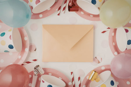 A festive scene featuring a central envelope surrounded by colorful balloons, pink party horns, and...