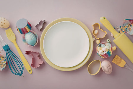 A collection of colorful kitchen utensils and baking tools arranged around a white plate on a pink...