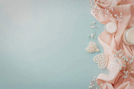 A visually appealing arrangement of decorative items on a pink and blue background