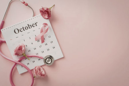 A pink stethoscope, calendar, flowers, and breast cancer awareness ribbon on a pink backgroundの写真素材