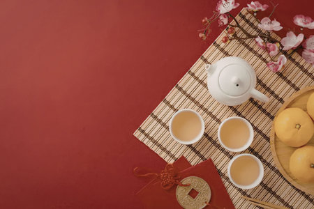 A traditional Chinese New Year setup featuring tea cups, a teapot, oranges, and cherry blossoms on a...