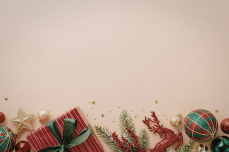A festive arrangement of Christmas decorations and a gift box on a beige background