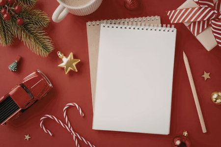 A festive Christmas background featuring a spiral-bound notebook surrounded by holiday decorations,...