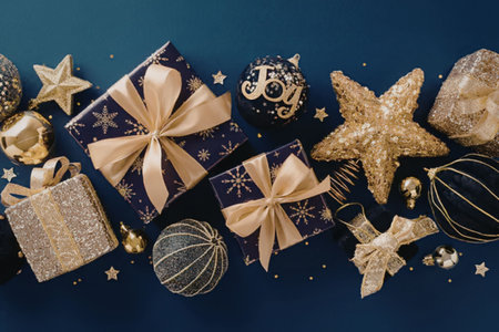 A collection of Christmas decorations including gift boxes, ornaments, and stars in gold and blue...