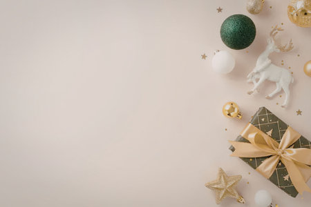 christmas decorations with gift and ornaments on a beige background