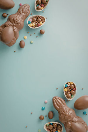 An image of chocolate Easter bunnies and eggs with colorful candy on a light blue background