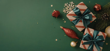 A festive arrangement of wrapped Christmas gifts, ornaments, and decorations on a green background