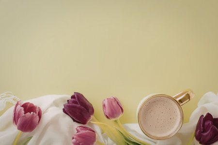 A serene still life featuring a cup of coffee surrounded by vibrant tulips on a soft green...