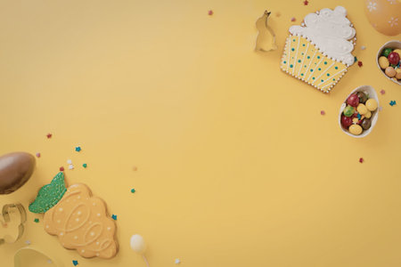 A vibrant and festive arrangement of Easter-themed treats and decorations on a bright yellow...