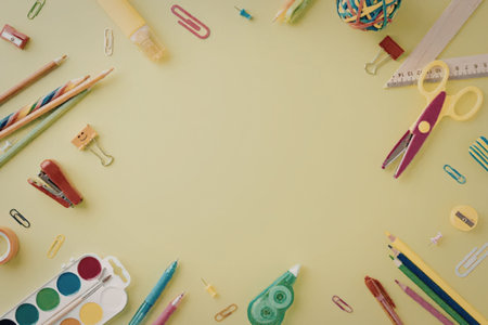A collection of vibrant school supplies arranged on a green background, including pencils, scissors,...