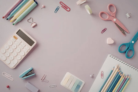 A collection of colorful stationery items, including pens, pencils, scissors, and a calculator,...