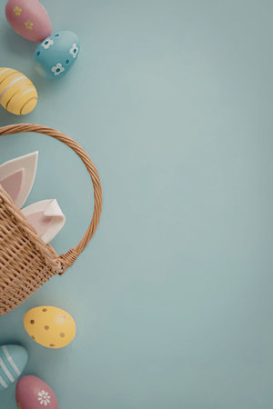a wicker basket with bunny ears and colorful easter eggs