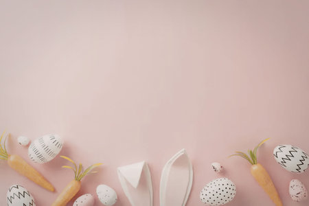 A collection of Easter eggs and carrots on a pink background
