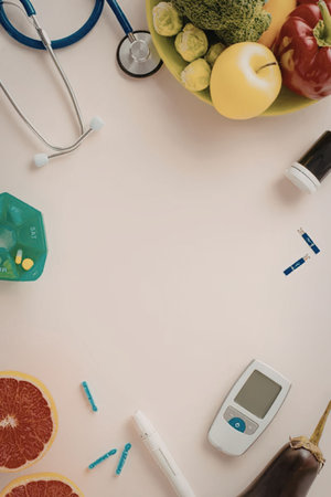 A collection of items for managing diabetes, including healthy food, medication, and medical tools.