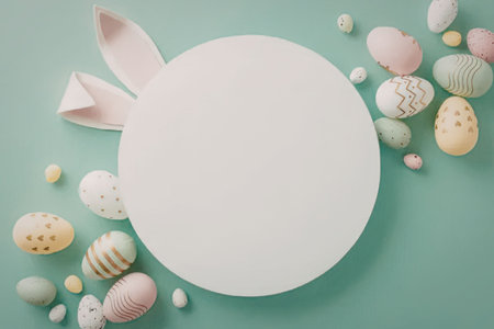 A white circle surrounded by colorful Easter eggs and bunny ears on a green background