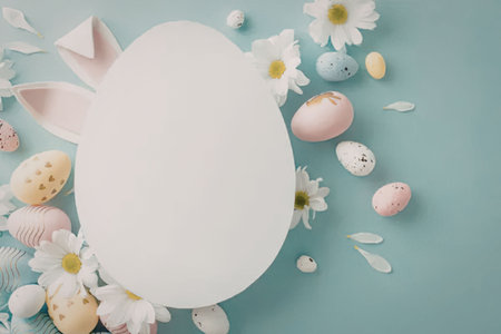 An Easter egg with bunny ears surrounded by flowers and other Easter eggs
