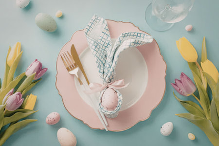 A beautifully arranged Easter table setting featuring a pink plate with a napkin and egg, surrounded...