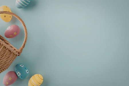 A wicker basket filled with colorful Easter eggs on a light blue background