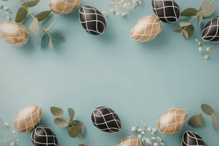 The image features a collection of Easter eggs in gold and black, adorned with white lines, arranged...