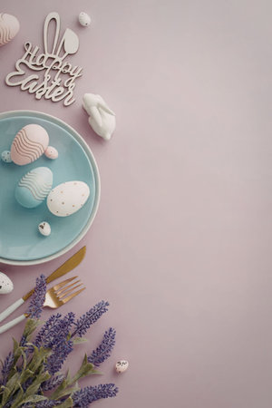 A festive Easter scene featuring a blue plate with decorated eggs, purple flowers, and gold utensils...