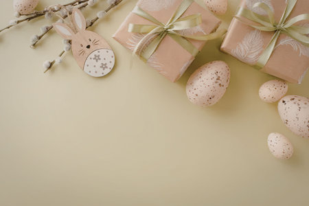 Easter themed gifts and decorations on a green backgroundの写真素材
