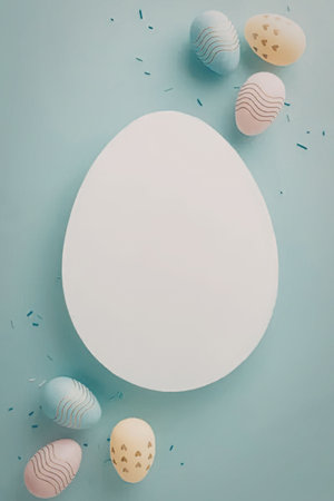 a white oval surrounded by pastel easter eggs on a light blue background