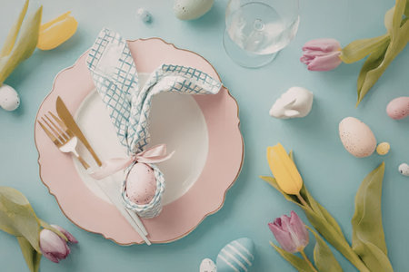 Easter themed table setting with pink plate, tulips, and decorated eggs