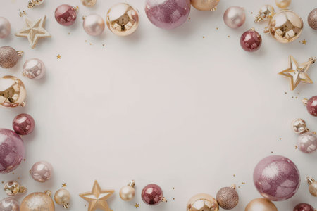 A festive background featuring pink and gold Christmas ornaments and stars on a white surface.