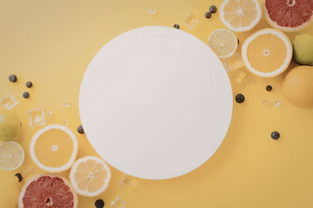 A vibrant arrangement of fresh fruits, including oranges, lemons, limes, and grapefruits, surrounds...