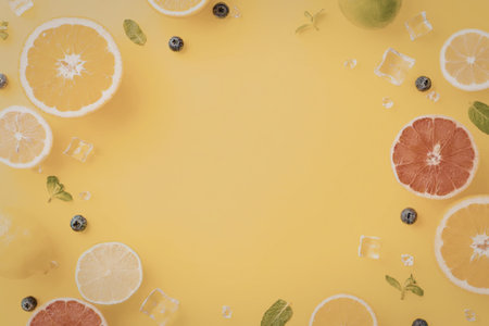 A vibrant arrangement of sliced oranges, grapefruits, and lemons on a bright yellow background,...