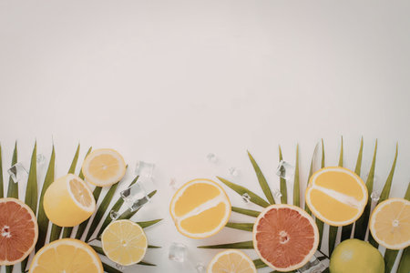 A vibrant arrangement of citrus fruits including oranges, lemons, limes, and grapefruits,...