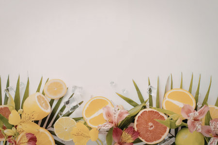 A vibrant arrangement of fresh fruits and flowers, including lemons, oranges, grapefruits, and...