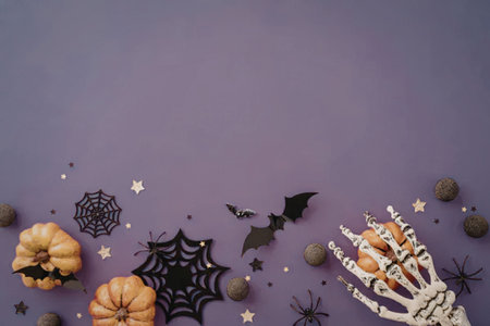 A Halloween-themed arrangement featuring pumpkins, spider webs, bats, and a skeleton hand on a...