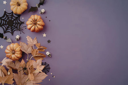 A festive Halloween arrangement featuring pumpkins, spider webs, and autumn leaves on a purple background.の写真素材